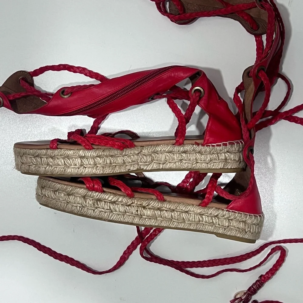 Free People SZ 38 Tall Red Leather Gladiator Lace Up Espidrills Spain Sandals